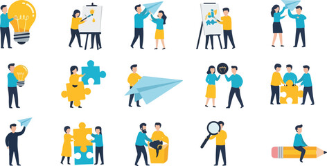 Naklejka premium Collection of business people in various poses representing teamwork, ideas, creativity, and problem-solving