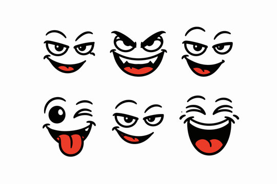Cartoon faces vector set showing various expressive emotions and funny characters