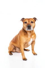 Obraz premium Brown dog sits on white background in studio during a photo session for pet portraits and lifestyle