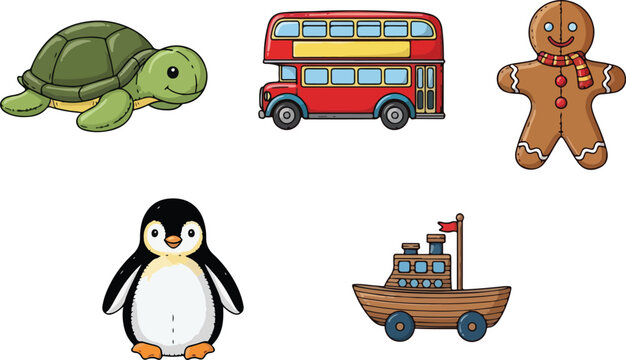 Collection of five cartoon toys a turtle a bus a gingerbread man a penguin and a ship on transparent background