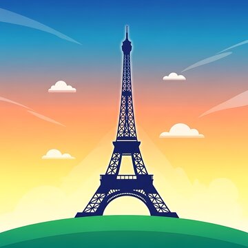 A stylized illustration features a famous structure silhouetted against a gradient sunset sky with clouds and rolling hills