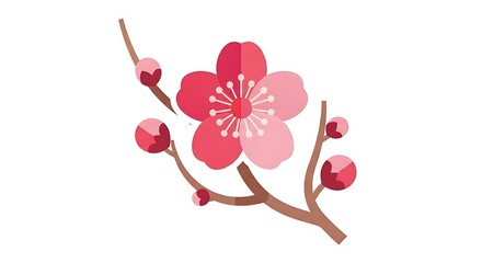 A stylized illustration features a blossoming sprig. A single open flower with a soft gradient and several closed buds adorn the branch