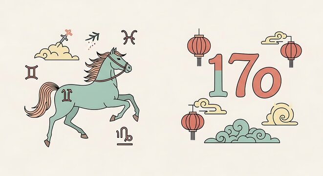A stylized illustration features a prancing horse, zodiac symbols, Asian lanterns, and the number 170 in vibrant colors against a cream background
