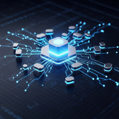 Obraz premium Glowing blue circuit board with central hexagon and connections