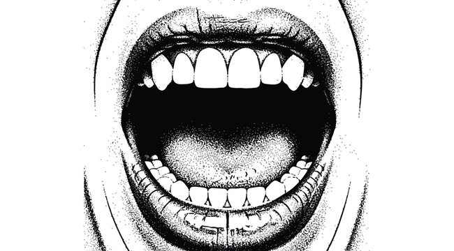 A black and white illustration of an open mouth with teeth isolated on white background