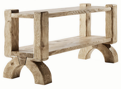 Rustic wooden shelf with two tiers made of solid oak planks and sturdy arched legs for traditional interior home decor