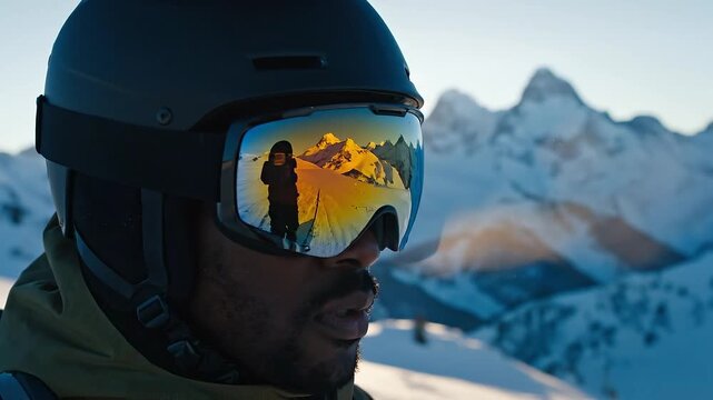 Male skier wearing black helmet and goggles gazes at snow-covered mountains, reflections of a fellow skier visible in the goggles, showcasing a breathtaking winter landscape