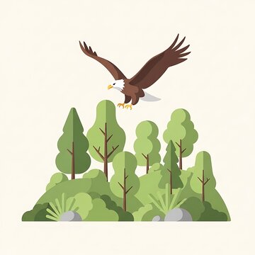 A stylized illustration features a brown and white eagle soaring above a cluster of green trees and bushes on a small hill