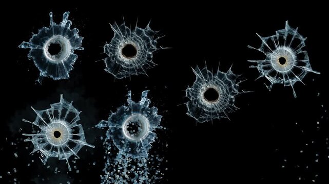 Glass getting hit by several gunshot bullets. Broken cracks glass with alpha transparent background