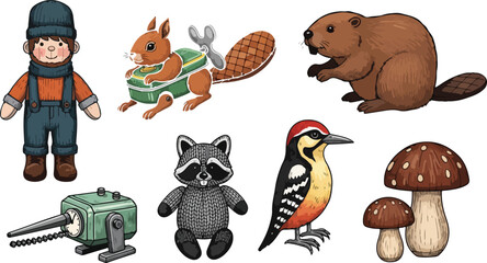 Forest animal and nature toys featuring beaver raccoon squirrel woodpecker mushroom and woodcutter doll on transparent grid © MDMUKTADIR