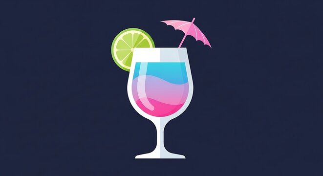 A stylized illustration of a layered cocktail with lime and tiny umbrella garnish on a dark blue background