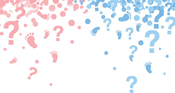Gender reveal background with pink and blue question marks and baby footprints for pregnancy announcement and baby shower