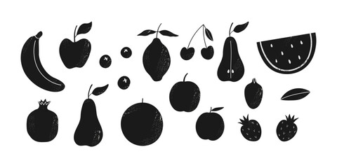 Fototapeta premium Fruit linocut. Texture fruity silhouettes. Hand drawn aesthetic set with apple, pear, banana, lemon, strawberry, watermelon, cherry. Design for organic food branding, packaging, menu, print, banner