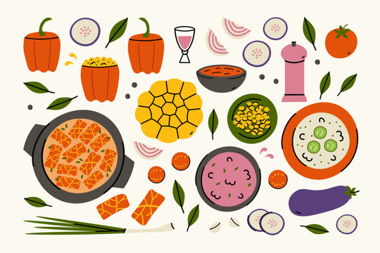Bulgarian Cuisine. Traditional Balkans food set: sarma, tarator, cabbage rolls, vegetables, pink cold beet soup, bell peppers, tomatoes, eggplant, spices. Vector illustration on isolated background