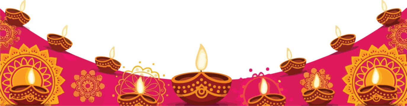 Happy diwali celebration banner design with illuminated oil lamps and decorative mandala patterns on pink background