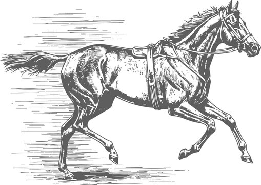 Running horse with saddle galloping fast in motion, vintage equine vector illustration
