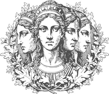 Janus roman god with four faces surrounded by laurel wreath in vintage engraving illustration