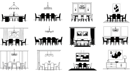 Fototapeta premium A collection of twelve diverse dining room furniture arrangements in minimalist black and white isolated on transparent background