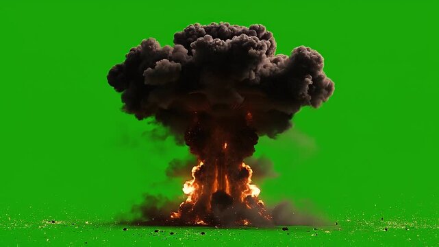 Explosive mushroom cloud formation with fiery orange and black smoke rising from the ground against a green backdrop, showcasing dramatic visual effects in sequential frames