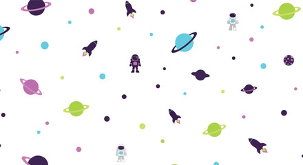 Seamless cosmic vector pattern with planets, spaceships, and astronauts on a transparent background for various projects © MDMUKTADIR