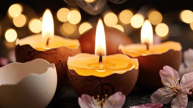 Decorative candles in egg shells with glowing flames and cherry blossoms, creating a warm ambiance against a backdrop of soft bokeh lights and dark surface