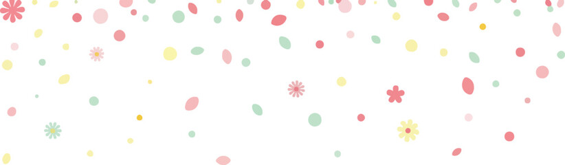 Spring floral confetti background with pastel flower petals and circles falling over transparent pattern for greeting © MDMUKTADIR