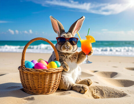 Osterhase am Strand mit Cocktail in der Hand, lehnt sich an ein Korb voller Ostereier.