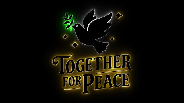 Neon peace dove. Together for peace. Glowing bird vector. Unity animation. Olive branch neon. Gold light peace. Harmony graphic. Global hope sign. Vibrant peace art. Solidarity neon.