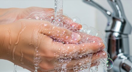 Fototapeta premium Close-Up of Hands Washing with Soap and Bubbles at Sink