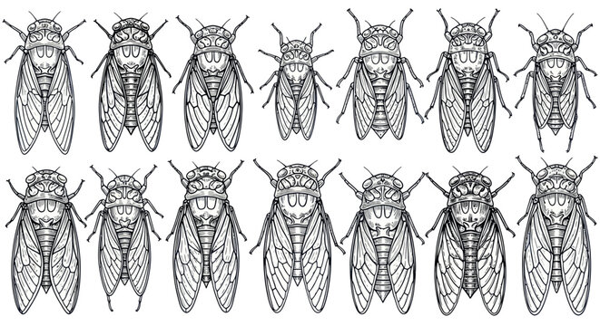Cicada Insect Illustration Collection - Detailed Line Art of Various Species