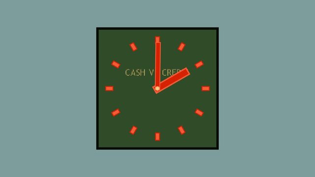 Dark green square clocks with red hands  orange markers show times and text CASH VS CREDIT, abstractly representing temporal change