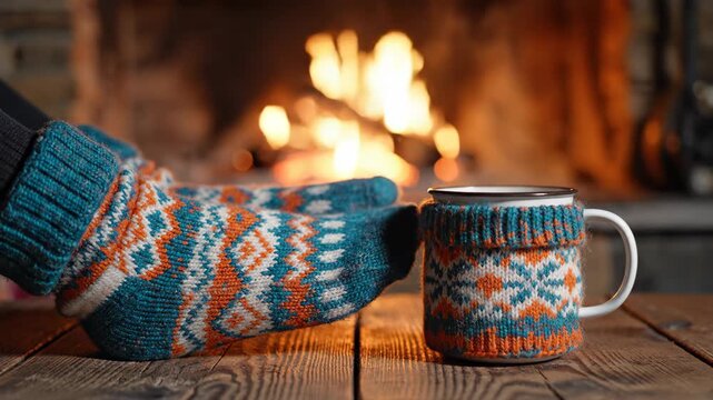 A person's feet in warm patterned socks rest by a cozy fireplace. A matching knitted mug sits on a rustic wooden table. Winter comfort scene.
