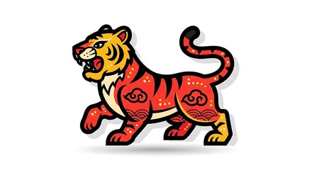 Fototapeta premium A stylized illustration of a tiger in vibrant red, orange, and yellow hues with decorative cloud-like patterns on its body, casting a subtle shadow