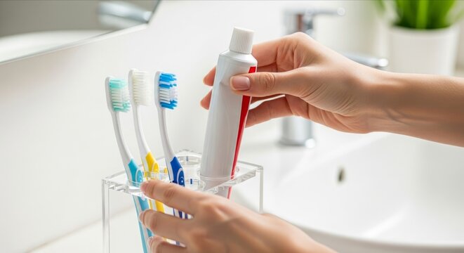 Person Holding Toothpaste Tube Near Colorful Toothbrushes in Bathroom