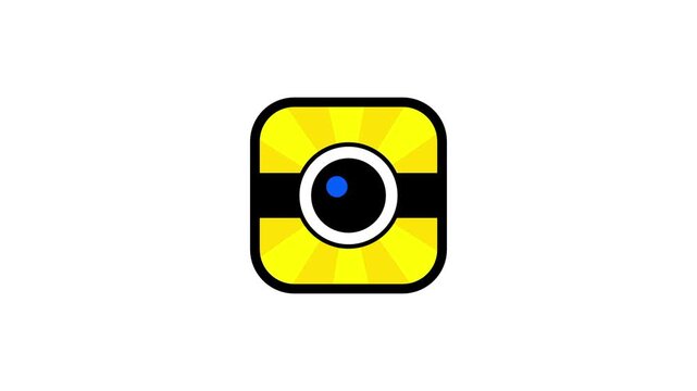 A yellow rounded square features a black camera lens design that looks like a friendly robot face used for capturing photos or scanning visual codes