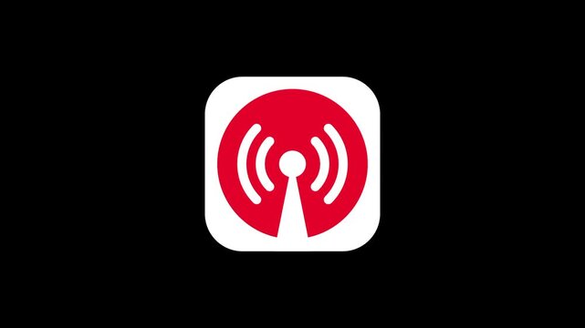 A red square icon features a white antenna tower emitting circular radio waves to represent a broadcasting signal or an active wireless transmission hub
