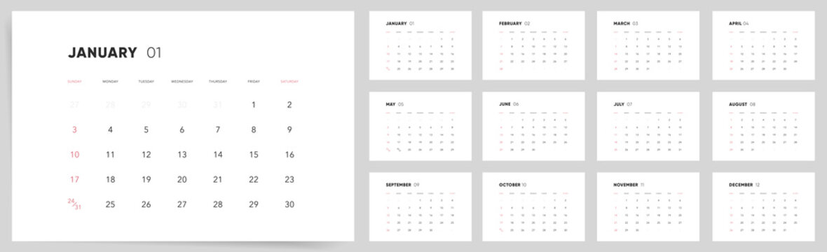 2027 Calendar template design. Week starts on Sunday office calendar. Clean minimalist monthly calendar. Corporate or business design.
