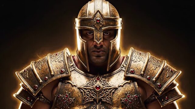 Warrior stands confidently in golden armor with detailed design. Lighting highlights facial features and armor. Concept of history, courage, mythology