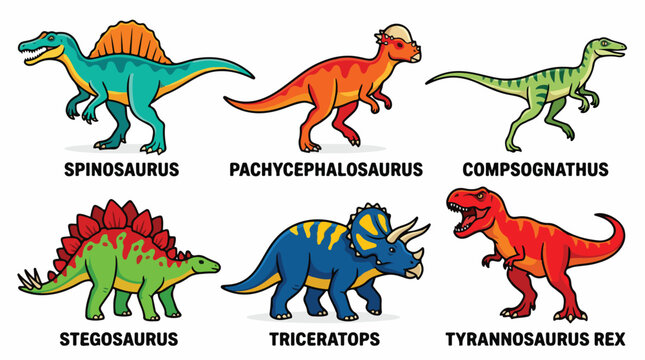 Collection of six different cartoon dinosaurs with their names labeled below each creature.