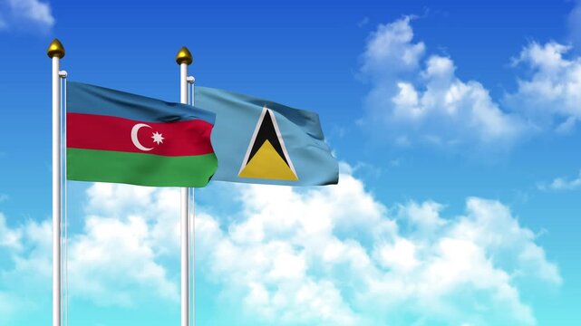Waving flags of AZERBAIJAN and SAINT LUCIA on pole included with alpha