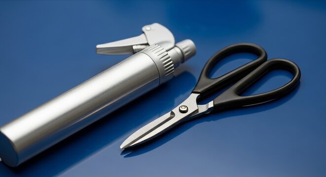 Silver Spray Bottle and Black Scissors on Blue Table Surface