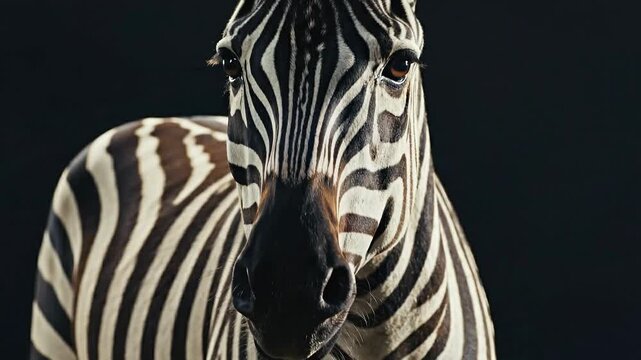 Zebra looking at camera with clear stripe pattern. Studio setting showcases detailed features. Concept of wildlife photography, animal conservation, nature education