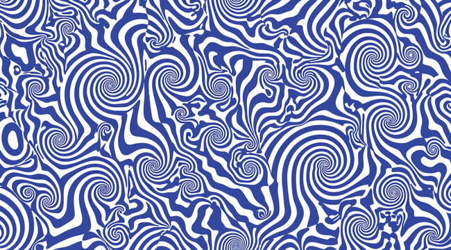 Vibrant blue and white swirling pattern with wavy lines and shapes in a mesmerizing optical illusion design