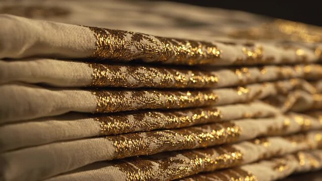Close up shot of folded white fabric with shimmering gold glitter trim stacked neatly in a textile store showcase with soft ambient lighting creating a luxurious and elegant display of material