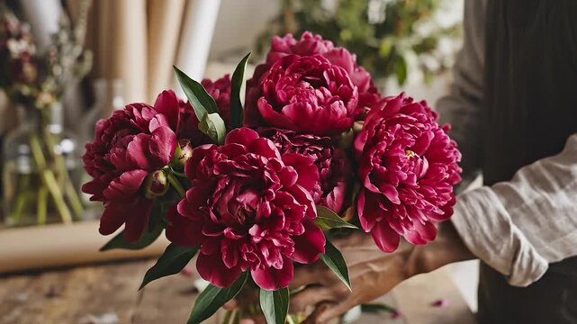 Individual arranging vibrant peony flowers in a bouquet, showcasing the delicate petals and lush greenery in a bright floral workshop setting