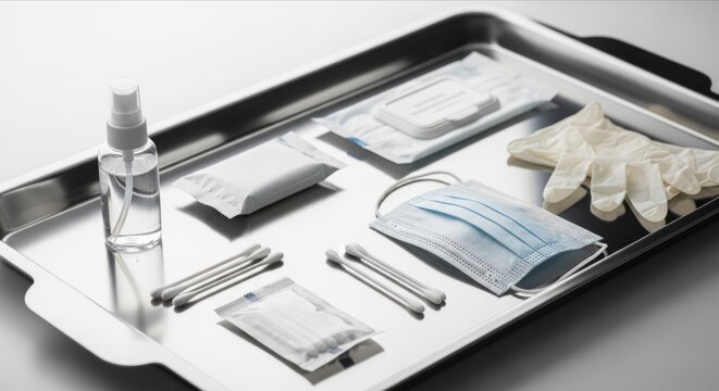 Medical Supplies on Sterile Tray for Healthcare Treatment and Hygiene