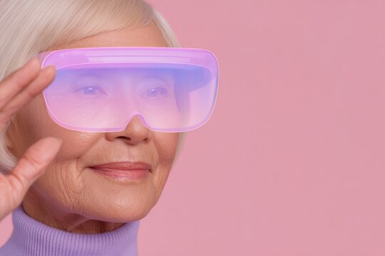 Woman smiles while using augmented reality visor with hologram