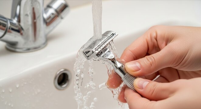Close-Up of Hand Using Razor Under Running Water in Bathroom Sink
