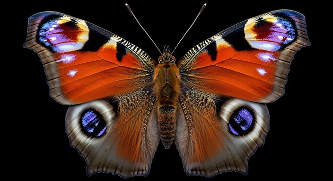 A symmetrical macro shot of a Peacock butterfly displaying vibrant orange wings and blue eyespots against a black background.