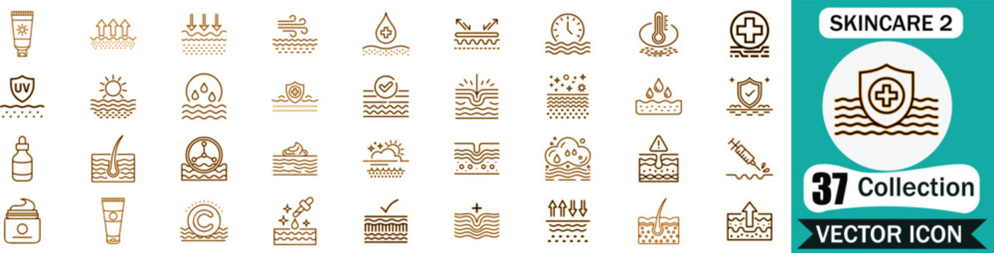 Set of skincare and dermatology line icons featuring skin treatment, protection, moisture, and cosmetic procedures for professional medical or beauty branding projects and digital graphic design
